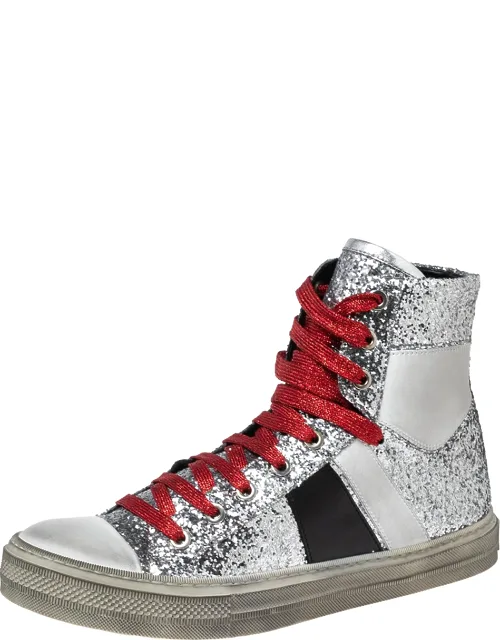 Multicolor Glitter And Leather High Top Sneakers