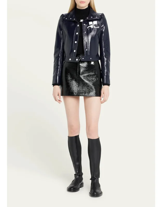 _textured Vinyl Crop Jacket With Contrast Logo Patch And Side Slip Pockets_