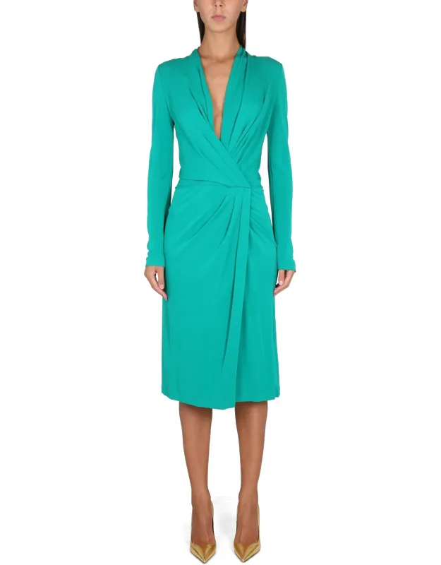 V-neck Dress With Concealed Back Zipper Closure And Elastic Waistband