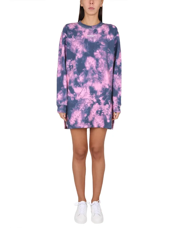 _off-white Sweatshirt Dress With Tie & Dye Pattern And Front Logo Print_