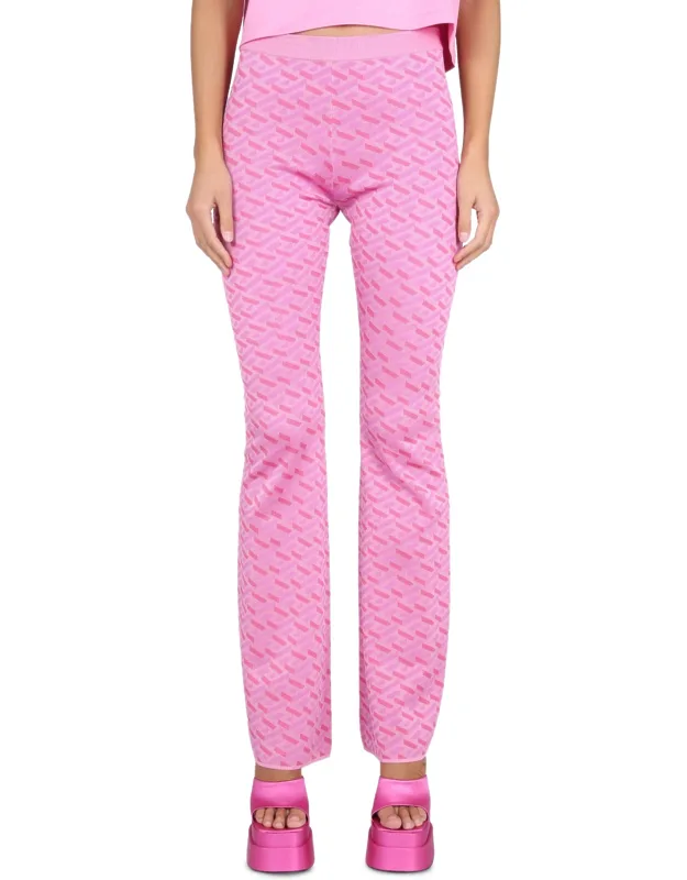 Jacquard Pants With Greek Print, Elastic Waistband, Wide Leg