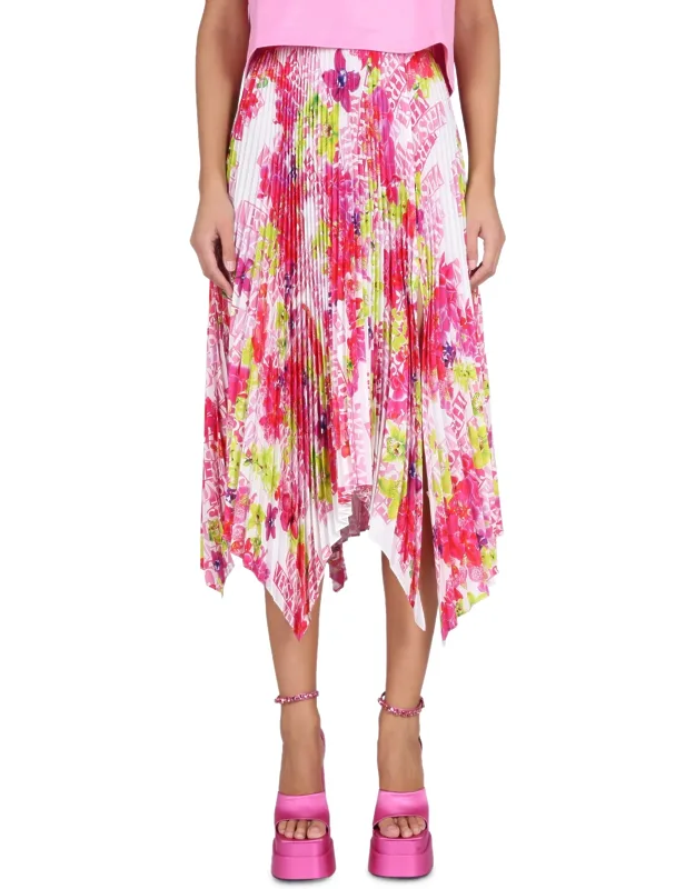 "pleated Skirt With Floral Print And Asymmetrical Hemline"