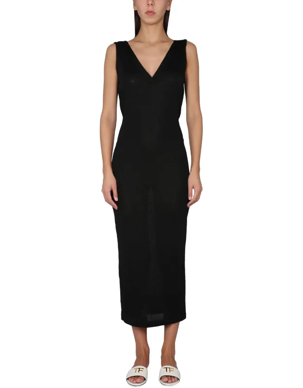 Slinky Dress With V Neck And Crisscross Tie