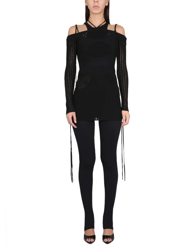 Mini Dress With Boat Neckline And Adjustable Tie