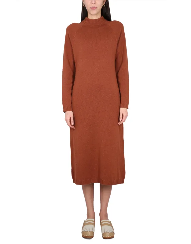 Knit Dress High Neck Raglan Sleeve Regular Fit 100% Wool