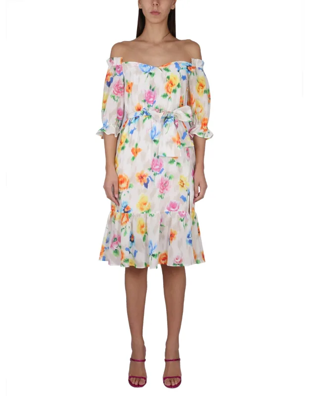 Dress With Floral Pattern And Boat Neckline, Balloon Sleeves