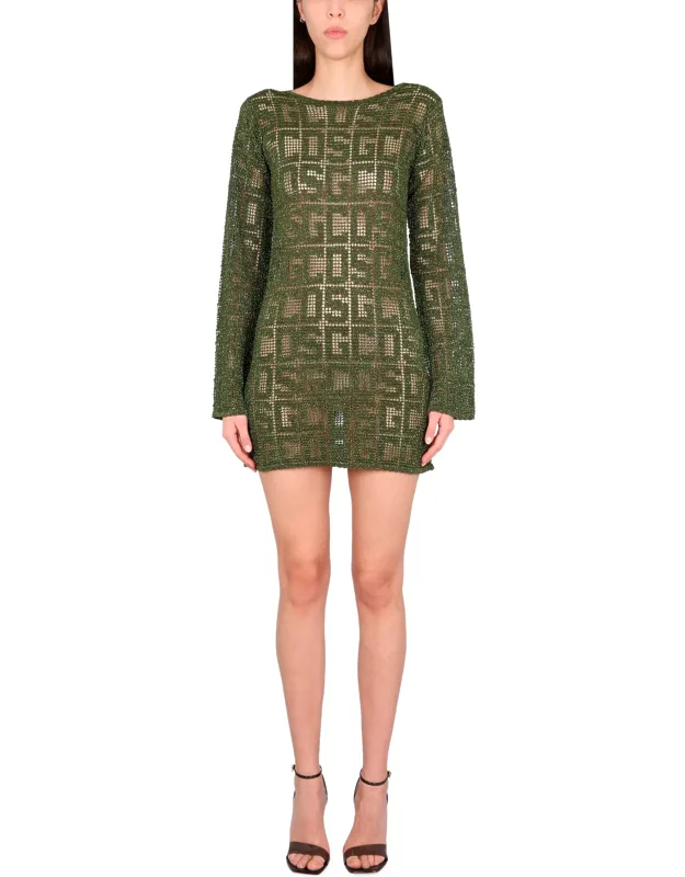 Macrame Dress With Boat Neckline And Back Drawstring Closure