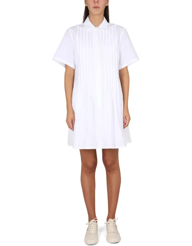 Pleated Chemise Dress With Classic Collar And Button Closure