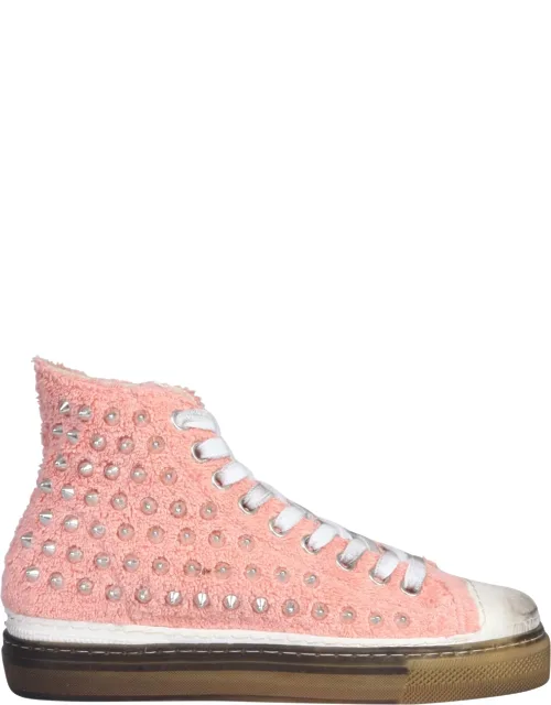 Gienchi "jm" Sneakers Rubber Sole 3 Cm Flat Lace Closure Studded Sponge Upper Vintage Treatment 100% Cotton Made In Italy