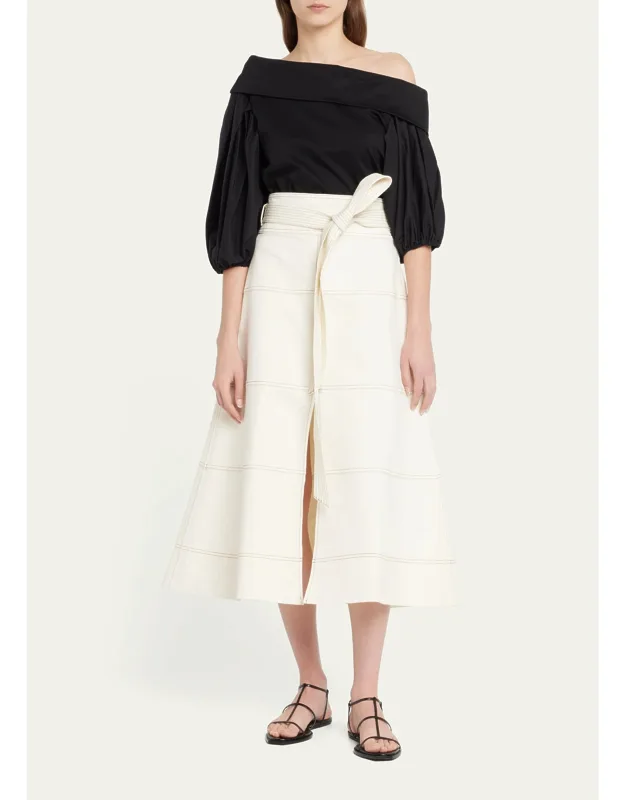 High-waist Belted Denim Midi Skirt