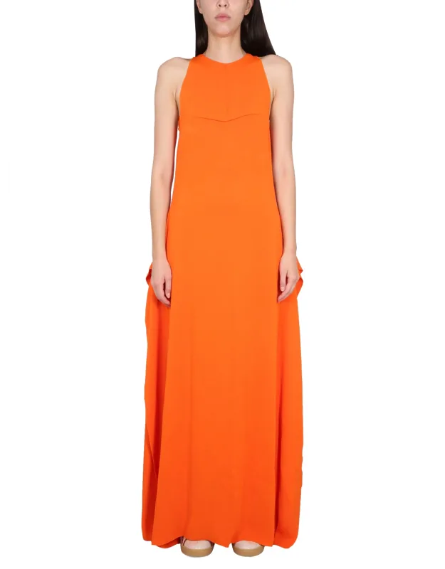 Longuette Dress With Round Neckline And Flared Skirt