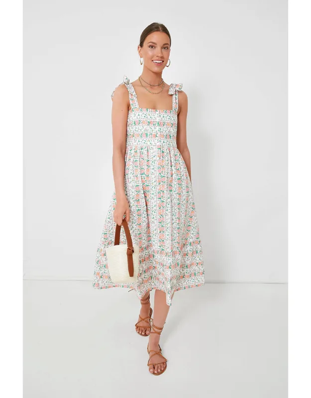 Floral Midi Dress With Adjustable Tie Straps And Button Front Design