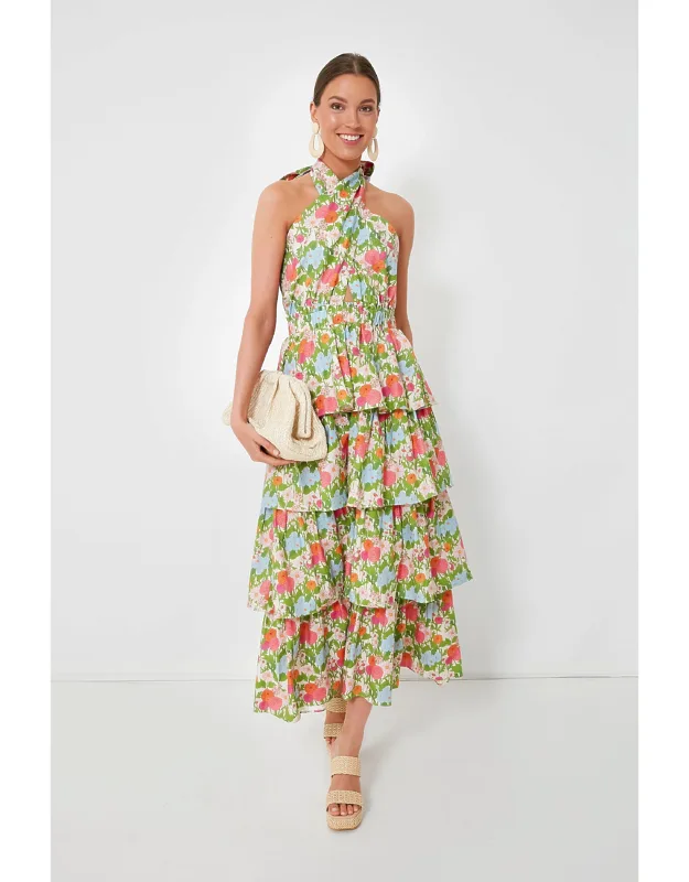 Multi Green Begonia Floral Halter Neck Midi Dress