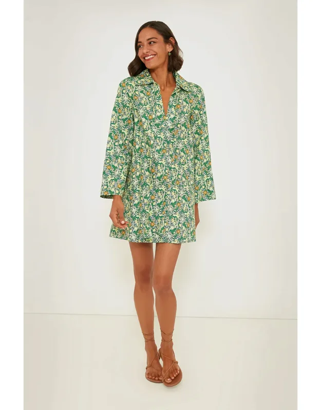 Long Sleeve Carrington Collared Mini Dress With Tassel Tie And Botanical Print