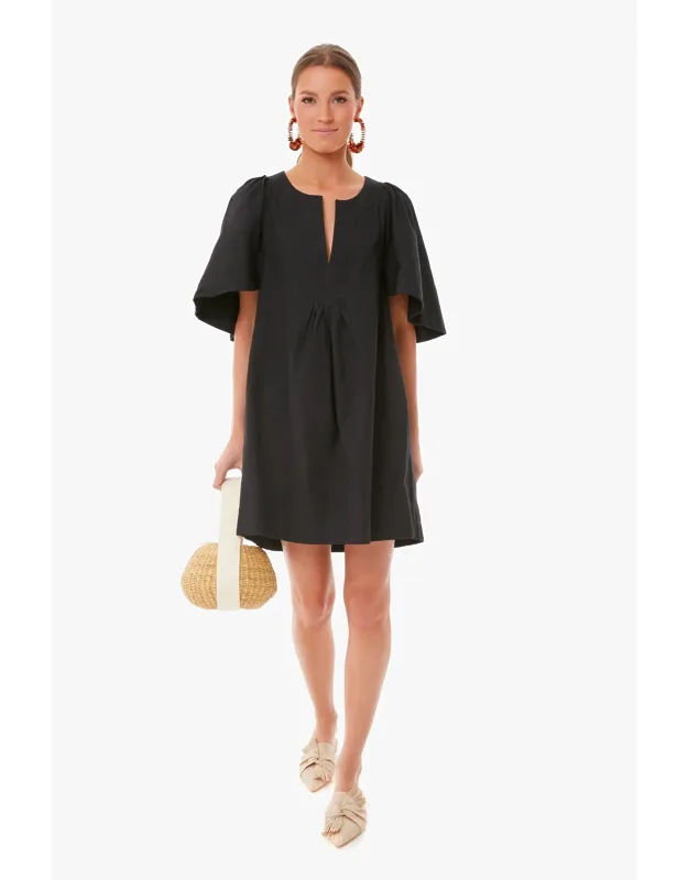 Black Finley Flutter Sleeve Dress With Notched Neckline And Side Seam Pockets