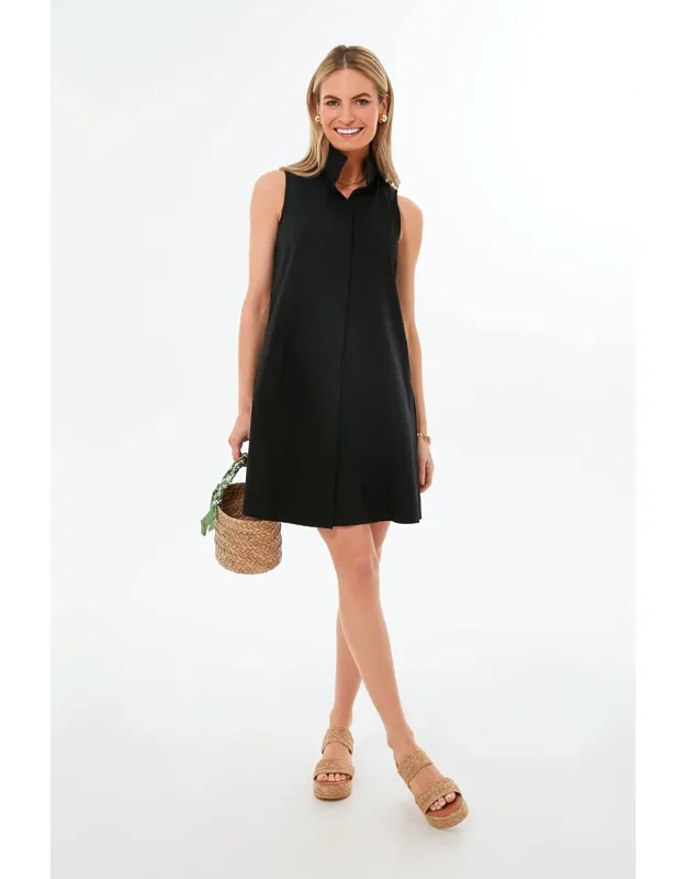 Black Sleeveless Charlie Dress With Stand Collar And Side Pockets