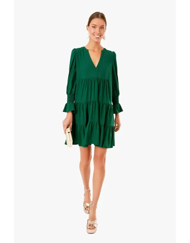Hunter Green Crepe Dress Long Sleeves Swing Shape