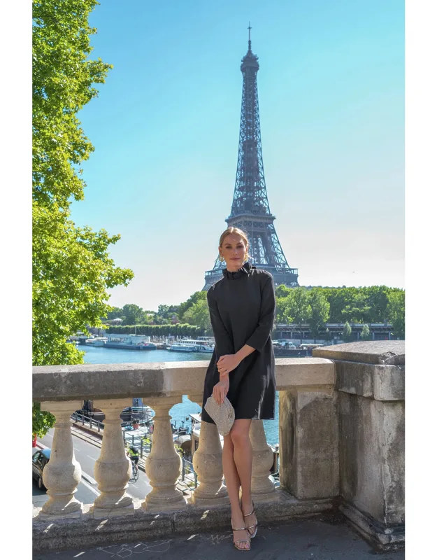 Black Daphne Dres With Ruffle Collar And Bow Tie Back