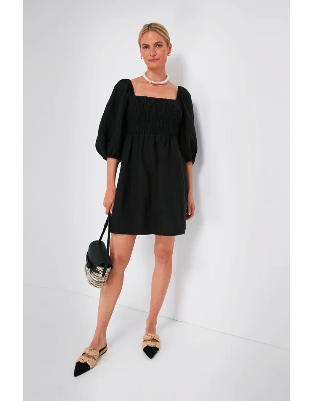 Black Annie Smocked Dres With Stretchy Smocked Bodice And Square Neckline