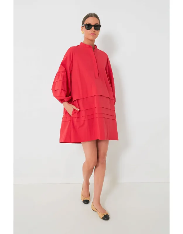 Red Chelsea Dress With Band Collar And Tiered Panels