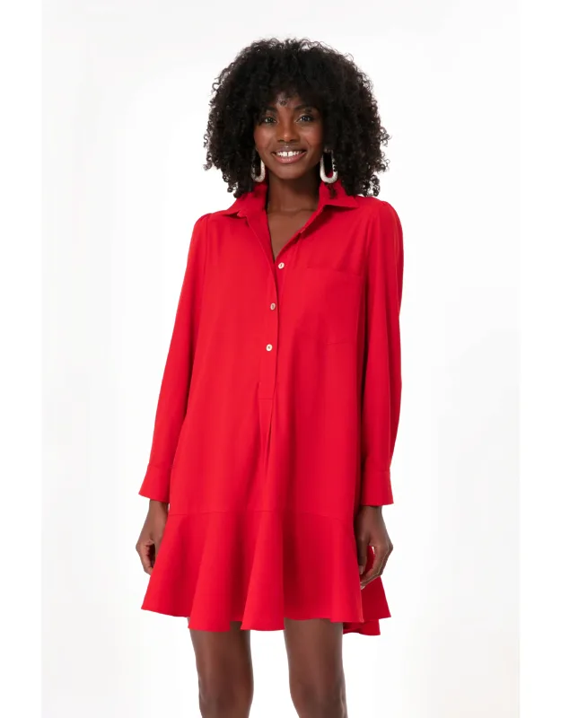 Red Crepe Callahan Shirt Dres With Button Front Half Placket And Invisible Side Pockets