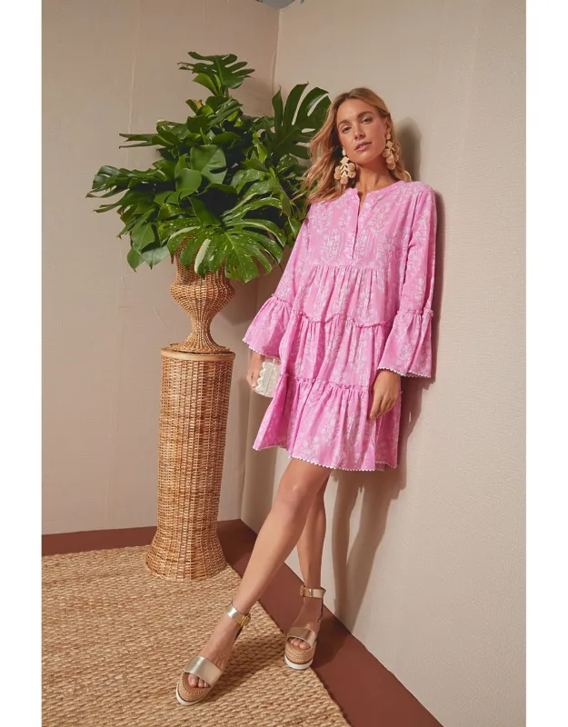 Exclusive Orchid Small Flower Lurex Flared Sleeve Dress