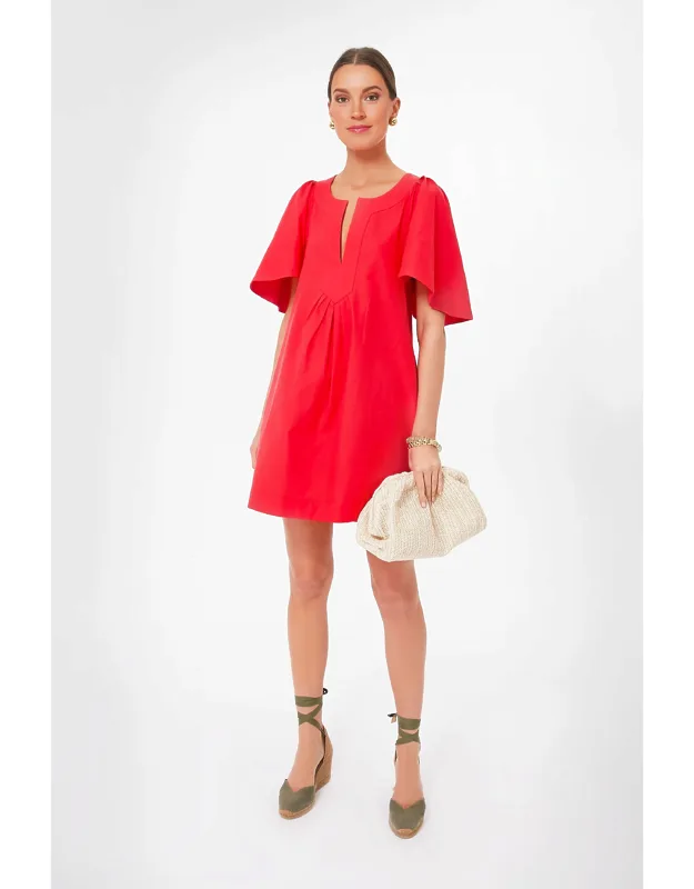 Red Finley Flutter Sleeve Dress With Notched Neckline And Side Seam Pockets