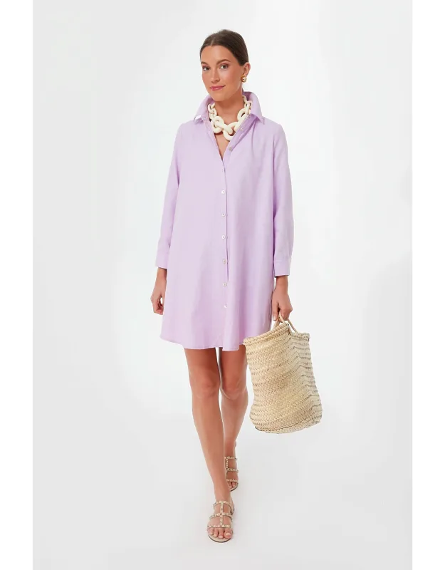 Lavender Oxford Shirt Dress With Spread Collar And Side Pockets