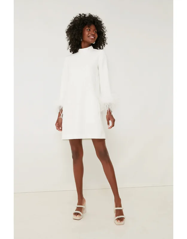 White Mod Ellie Dress With Feather Cuffs