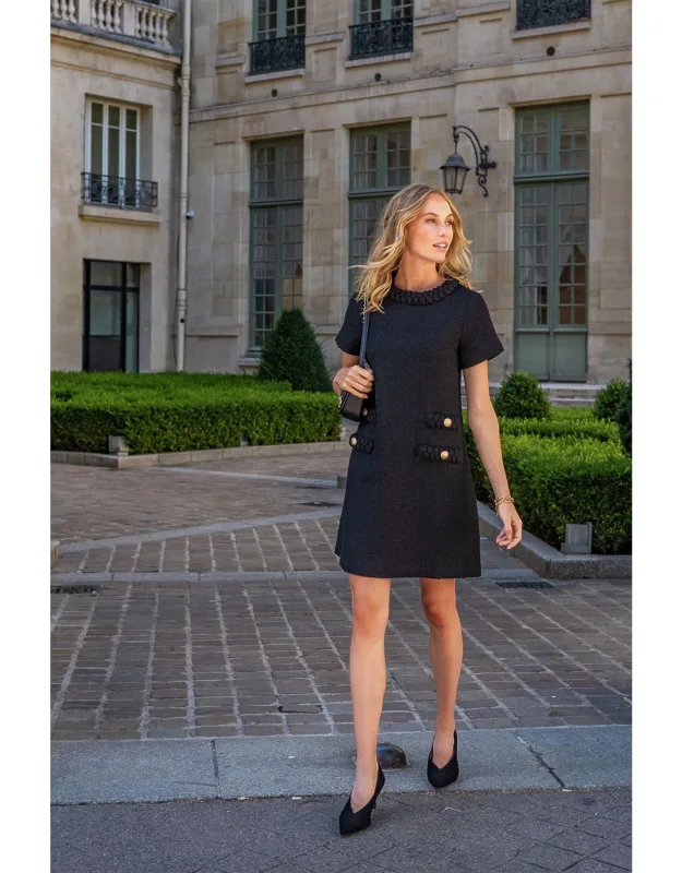 Black Tweed Jackie Dress With Braided Detailing And Gold Crest Buttons