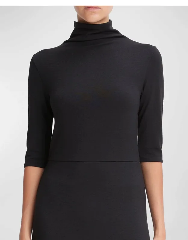 Elbow-sleeve Turtleneck Midi Dress