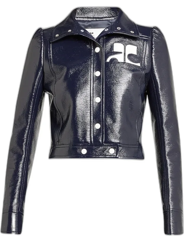 Textured Vinyl Crop Jacket With Spread Collar And Side Slip Pockets
