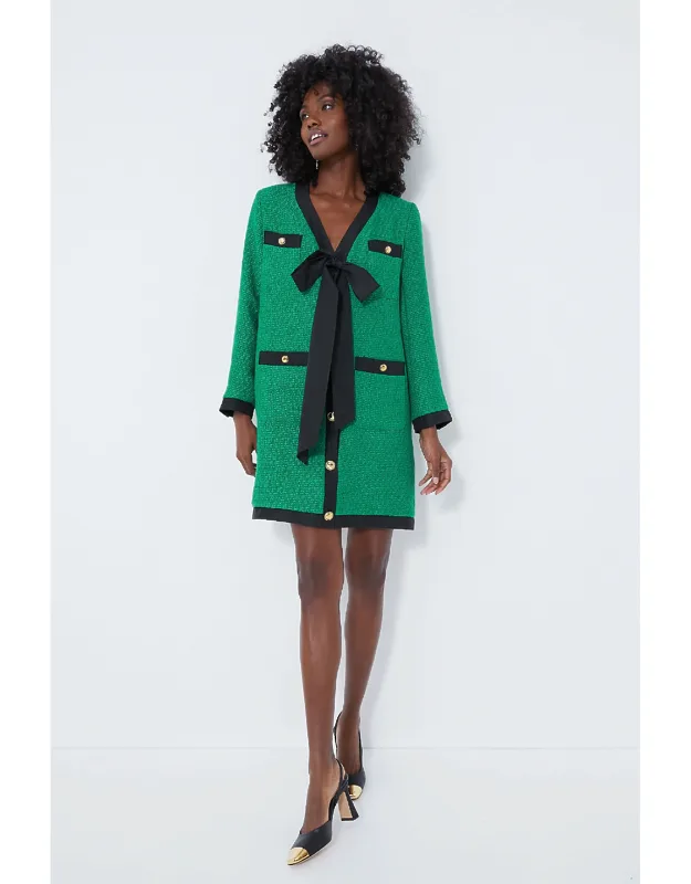 Green Coco Tweed Bow Dress With V-neckline And Long Sleeves