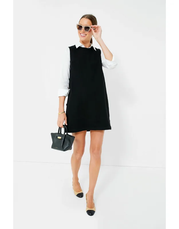 Black Bitsy Twill Mini Swing Dress With Sleeveless Style And Scoop Neckline