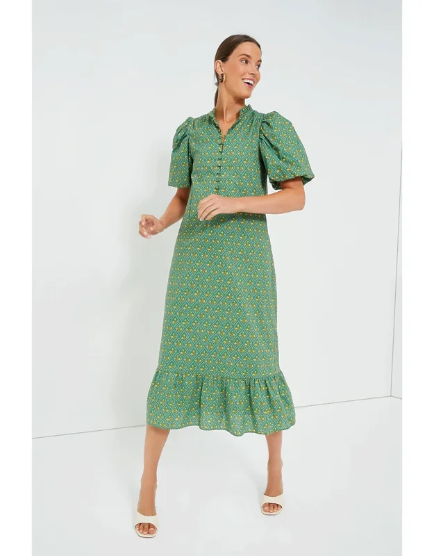 Green Diamond Floral Midi Dress With Ruffle Collar And Puff Sleeves