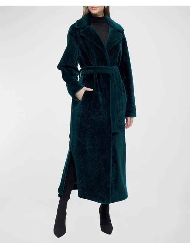 Reversible Shearling Lamb Belted Long Coat With Side Slits