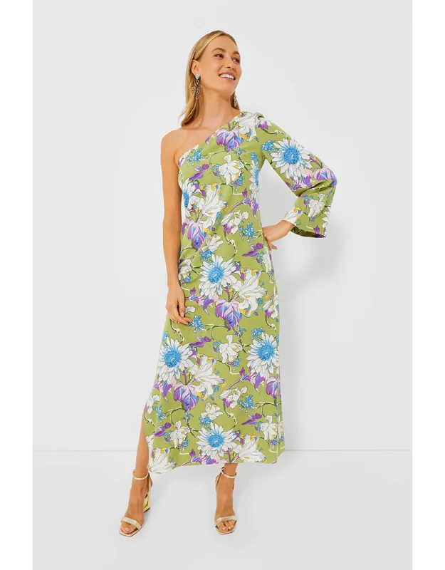 Green Floral One Shoulder Maxi Dress With Side Slit And Side Zipper