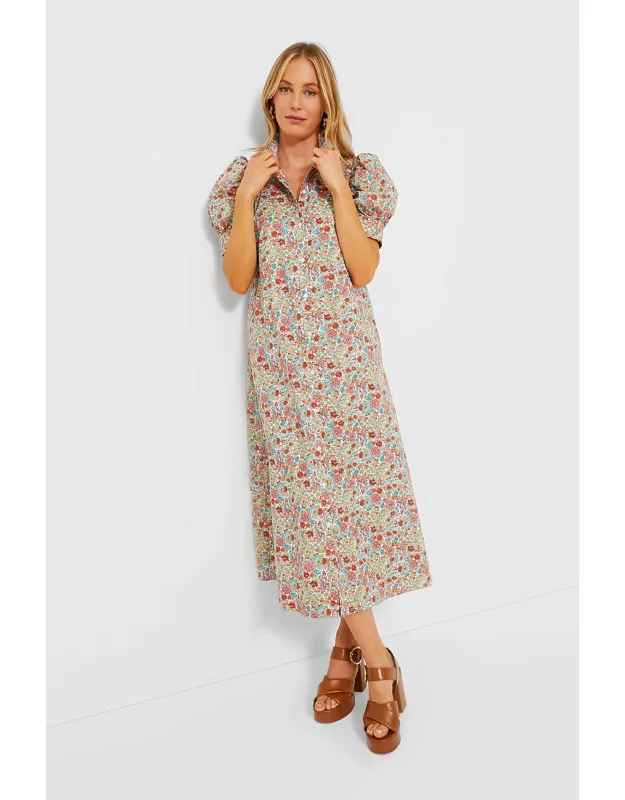Red Floral Ruffle Collar Maxi Dress With Pockets And Short Puff Sleeves