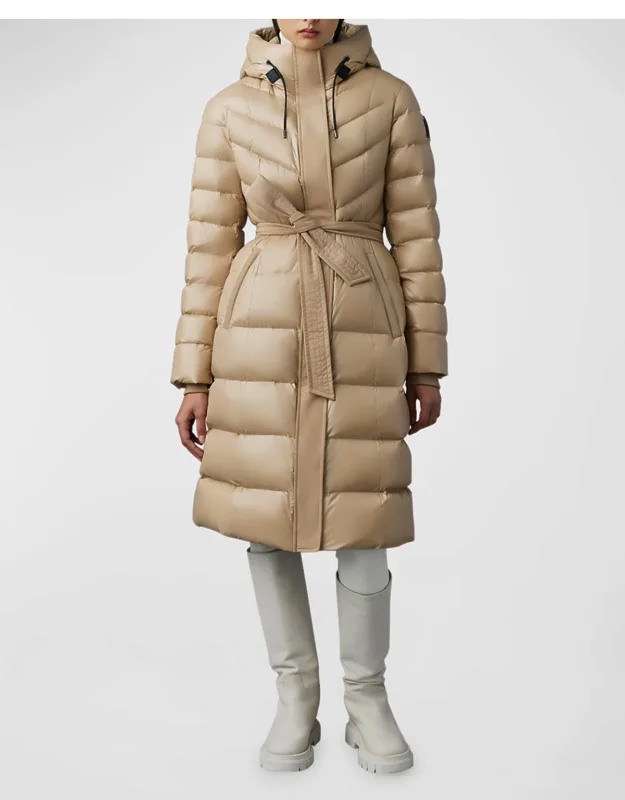 Lustrous Light Down Coat With Sash Belt