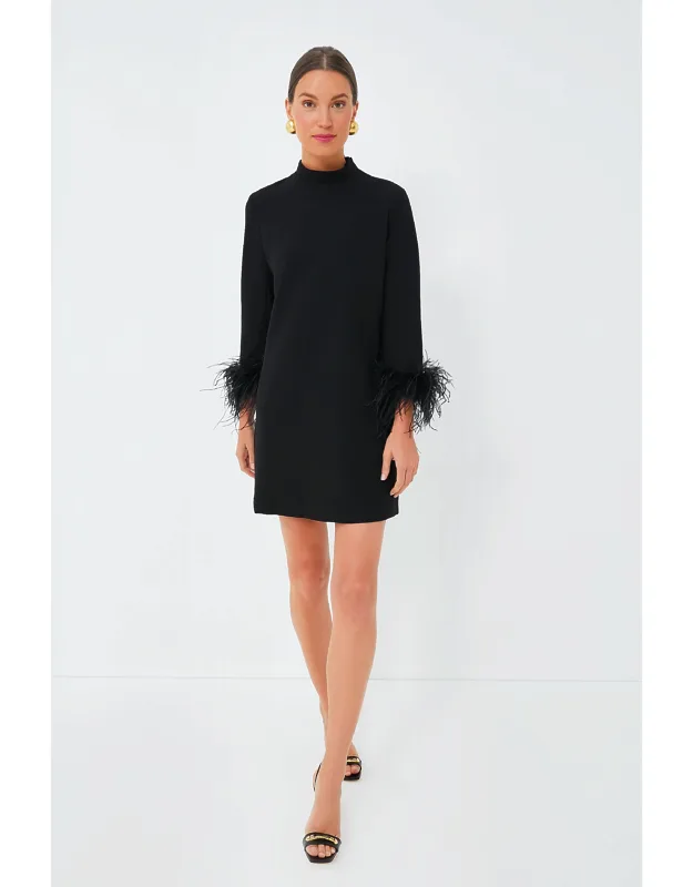 Black Feather Mod Ellie Dres With Feather Cuffs And Mock Neck