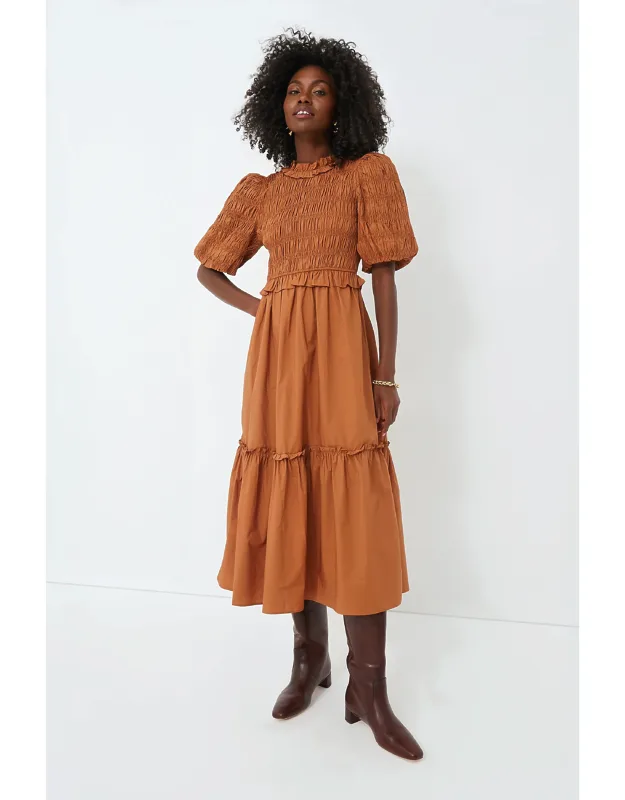 Exclusive Caramel Bubble Sleeve Smocked Midi Dress