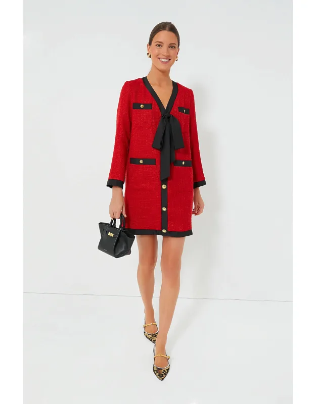 Red Coco Tweed Bow Dress With Oversized Bow Detail And Pockets