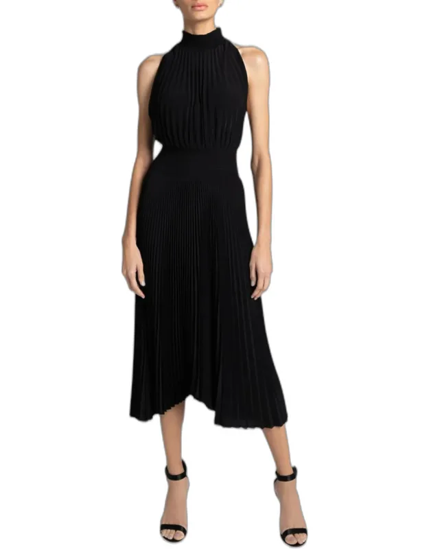 Renzo Pleated Halter Dress - Smocked Waistband, Asymmetric Hem