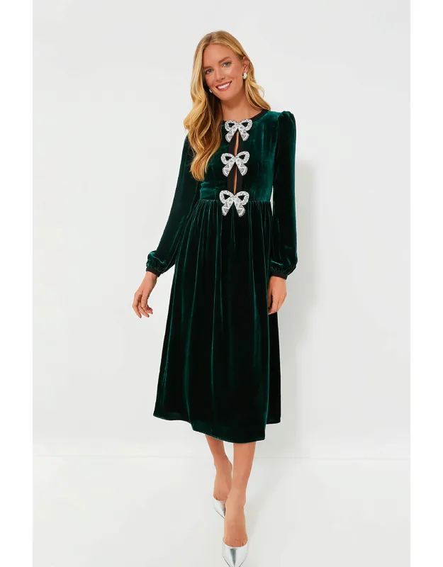 Racing Green Camille Bows Dres With Round Neckline And Blouson Sleeves