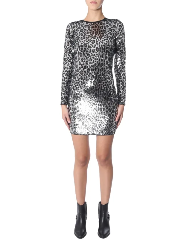 Leopard Dress With Round Neck And Back Zip Closure