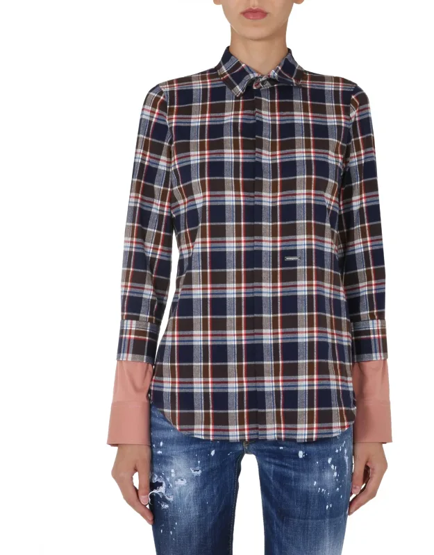 Flannel Shirt With Front Button And Contrast Double Cuff