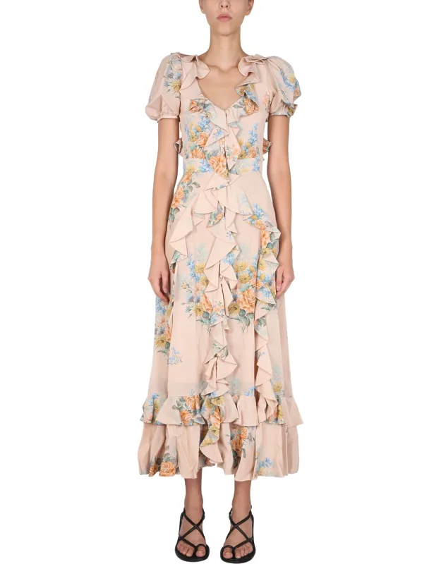 Floral Print Ruched Silk Dress