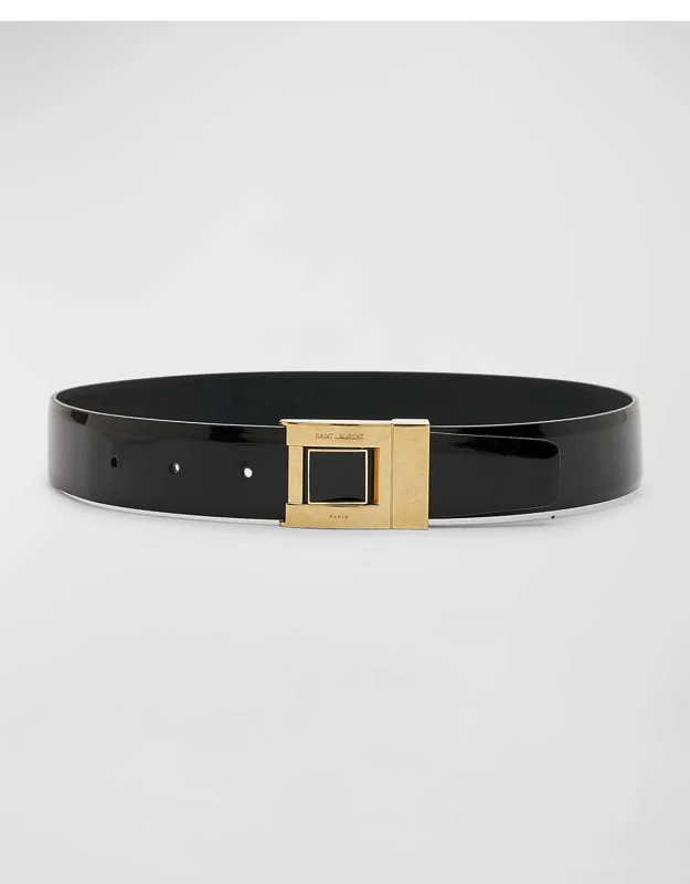 Patent Leather Belt With Engraved Brass Buckle