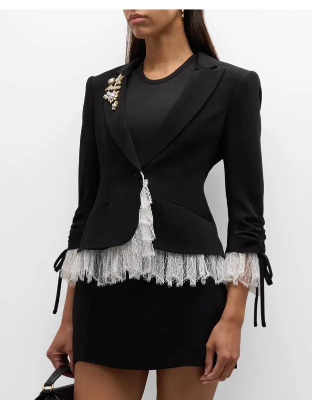 Le Petit Lace And Brooch Blazer With Pearly Brooches And Lace Peak Lapels