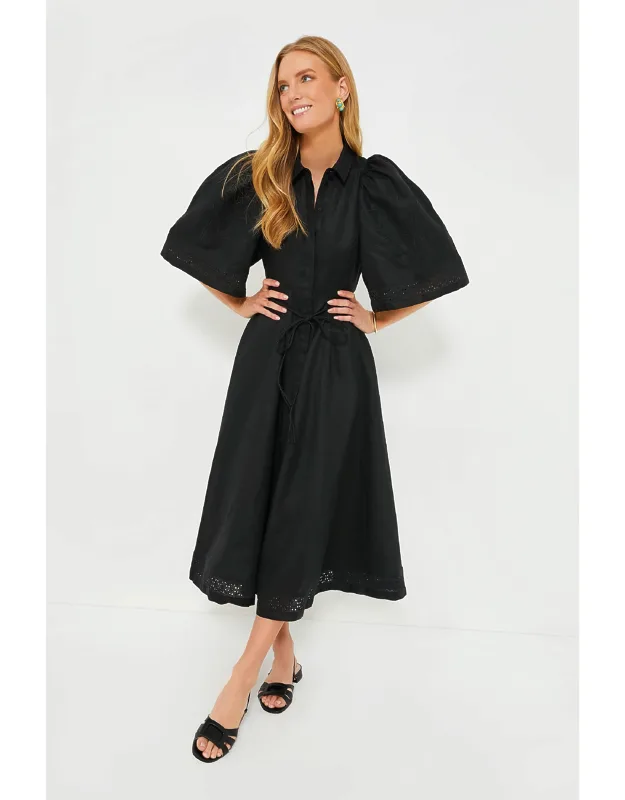 Fleur Linen Embroidered Midi Shirt Dress